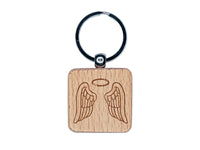 Angel Wings with Halo Engraved Wood Square Keychain Tag Charm