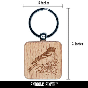 Baltimore Oriole Bird in Flowering Tree Engraved Wood Square Keychain Tag Charm
