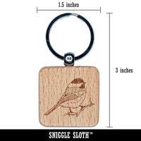 Black-Capped Chickadee Bird on Branch Engraved Wood Square Keychain Tag Charm