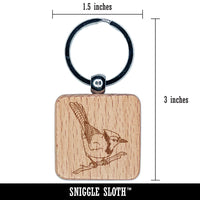 Blue Jay Bird on Branch Engraved Wood Square Keychain Tag Charm