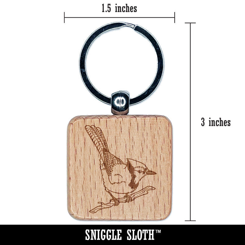 Blue Jay Bird on Branch Engraved Wood Square Keychain Tag Charm