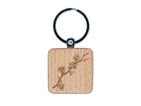 Cherry Blossom Flowers Tree Branch Engraved Wood Square Keychain Tag Charm