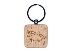 Chubby Unicorn with Stars Engraved Wood Square Keychain Tag Charm