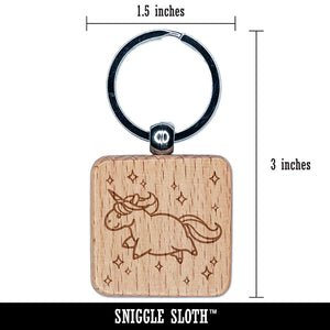 Chubby Unicorn with Stars Engraved Wood Square Keychain Tag Charm