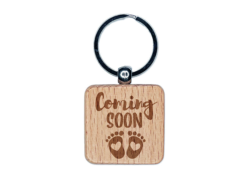 Coming Soon Baby Pregnancy Shower Engraved Wood Square Keychain Tag Charm