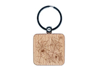 Creepy Spider Web Halloween Engraved Wood Square Keychain Tag Charm