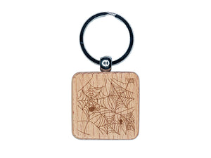 Creepy Spider Web Halloween Engraved Wood Square Keychain Tag Charm