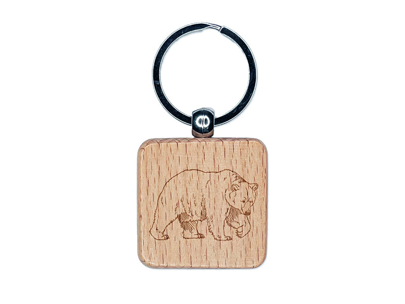 Curious Grizzly Bear Engraved Wood Square Keychain Tag Charm