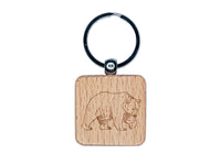 Curious Grizzly Bear Engraved Wood Square Keychain Tag Charm