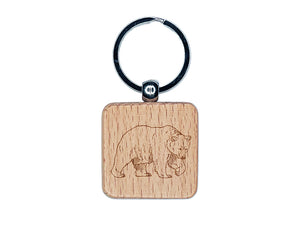 Curious Grizzly Bear Engraved Wood Square Keychain Tag Charm