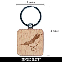 Delightful American Robin Bird Engraved Wood Square Keychain Tag Charm