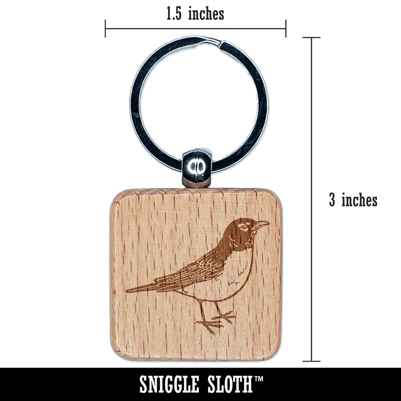 Delightful American Robin Bird Engraved Wood Square Keychain Tag Charm