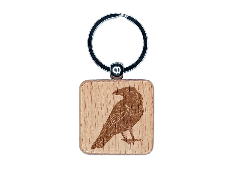 Elegant Black Raven Engraved Wood Square Keychain Tag Charm