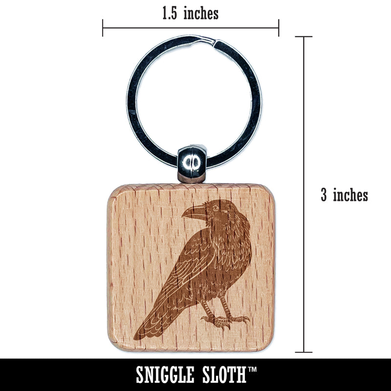 Elegant Black Raven Engraved Wood Square Keychain Tag Charm