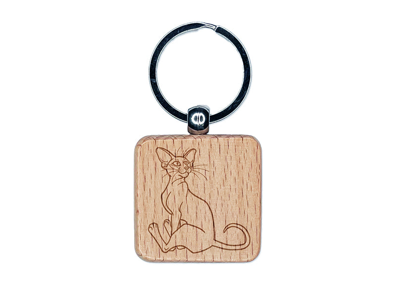 Enthusiastic Oriental Shorthair Cat Engraved Wood Square Keychain Tag Charm