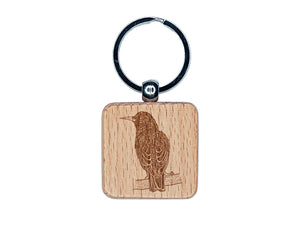 European Starling Bird on Branch Engraved Wood Square Keychain Tag Charm