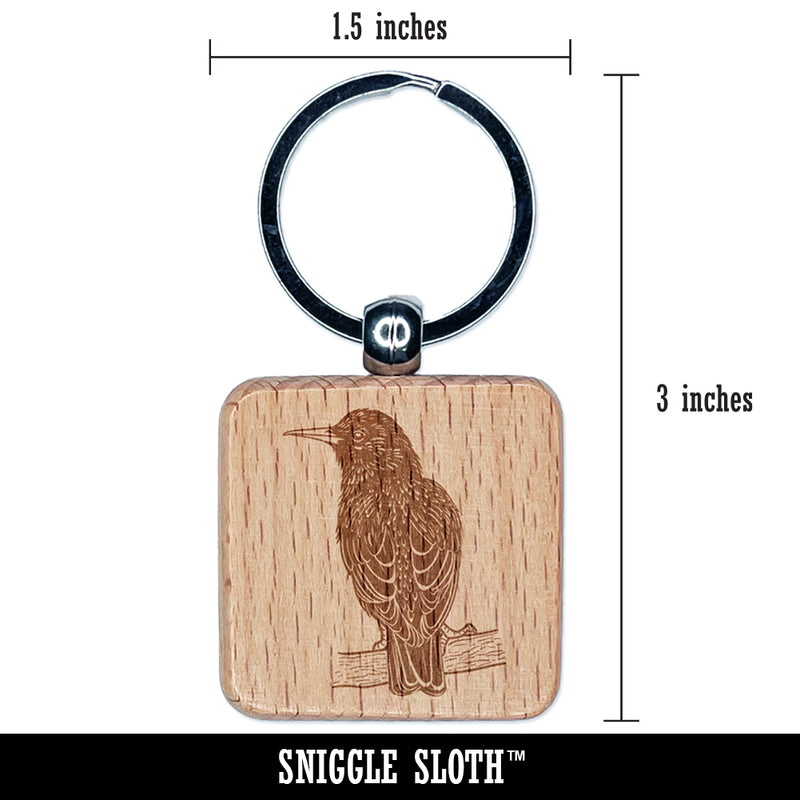 European Starling Bird on Branch Engraved Wood Square Keychain Tag Charm