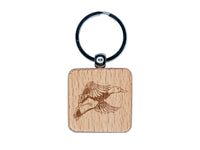 Flying Mallard Duck Engraved Wood Square Keychain Tag Charm