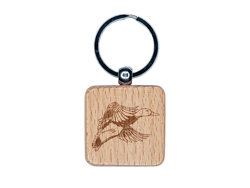 Flying Mallard Duck Engraved Wood Square Keychain Tag Charm