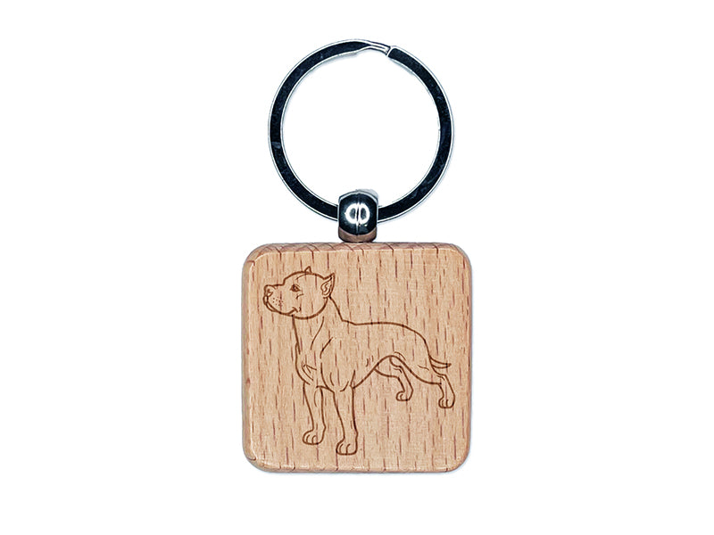 Friendly American Pit Bull Terrier Pet Dog Engraved Wood Square Keychain Tag Charm