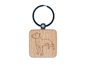 Friendly American Pit Bull Terrier Pet Dog Engraved Wood Square Keychain Tag Charm