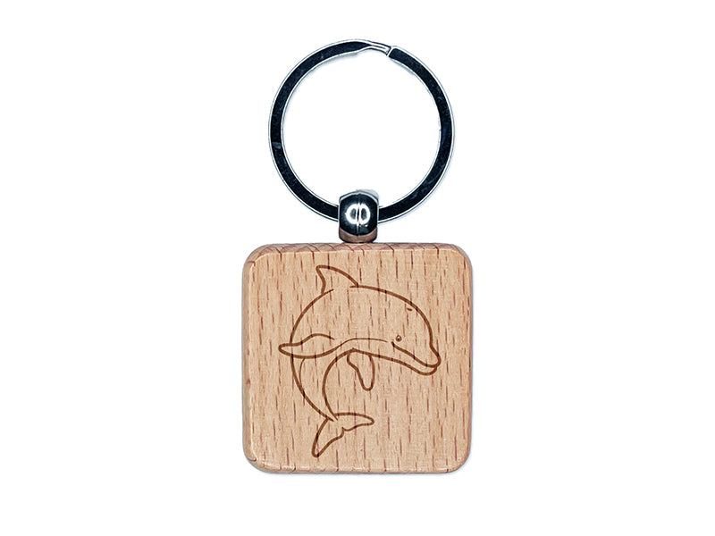 Friendly Bottlenose Dolphin Engraved Wood Square Keychain Tag Charm