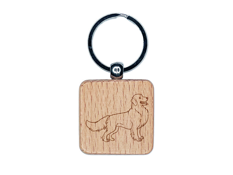 Friendly Golden Retriever Pet Dog Engraved Wood Square Keychain Tag Charm