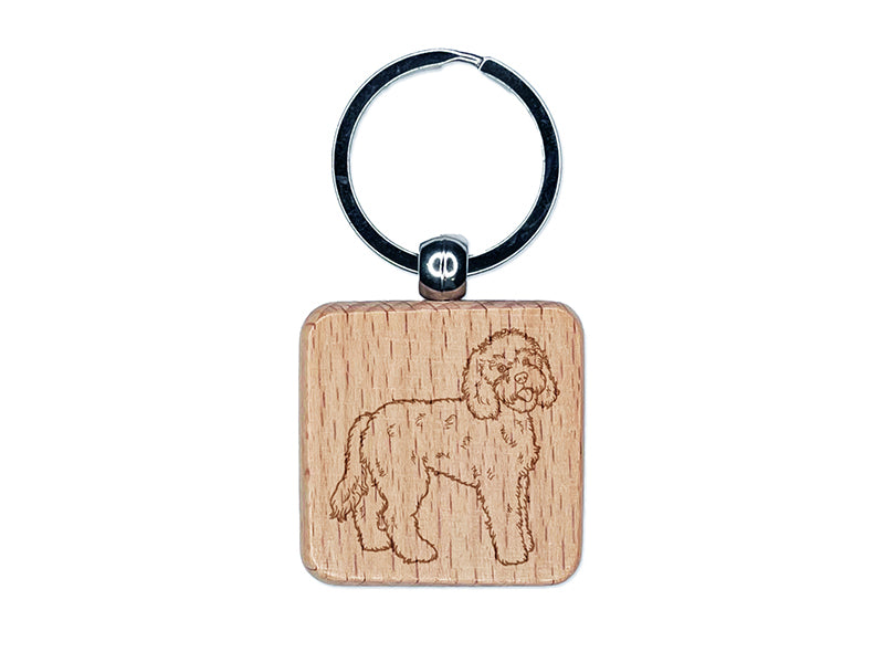 Friendly Labradoodle Pet Dog Engraved Wood Square Keychain Tag Charm
