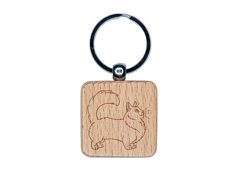 Fun-Loving Munchkin Cat Engraved Wood Square Keychain Tag Charm