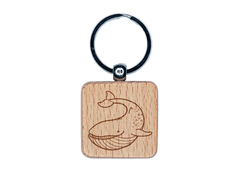 Gentle Blue Whale Engraved Wood Square Keychain Tag Charm