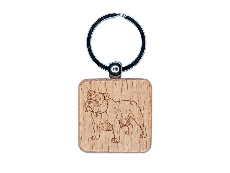 Gentle English Bulldog Pet Dog Engraved Wood Square Keychain Tag Charm