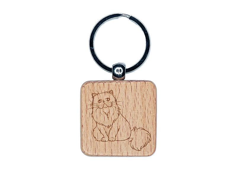 Gentle Persian Cat Engraved Wood Square Keychain Tag Charm