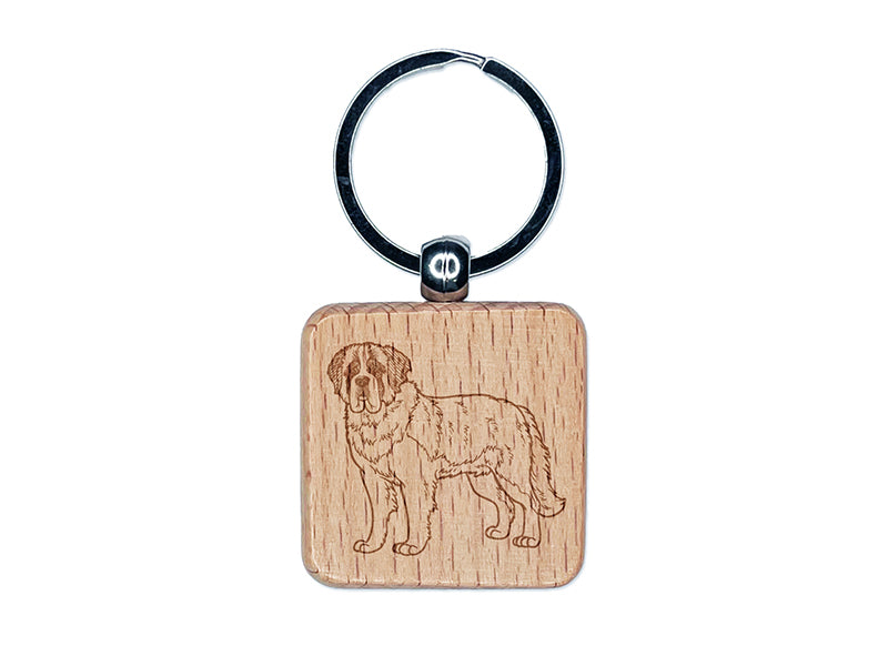 Gentle St. Bernard Pet Dog Engraved Wood Square Keychain Tag Charm