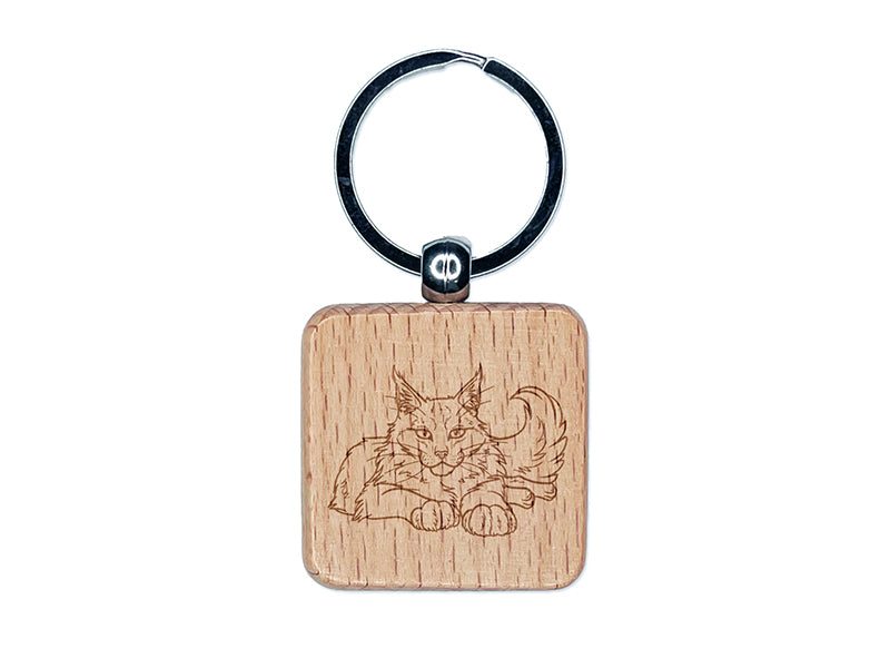 Gentle Maine Coon Cat Engraved Wood Square Keychain Tag Charm