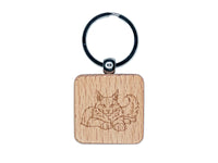 Gentle Maine Coon Cat Engraved Wood Square Keychain Tag Charm