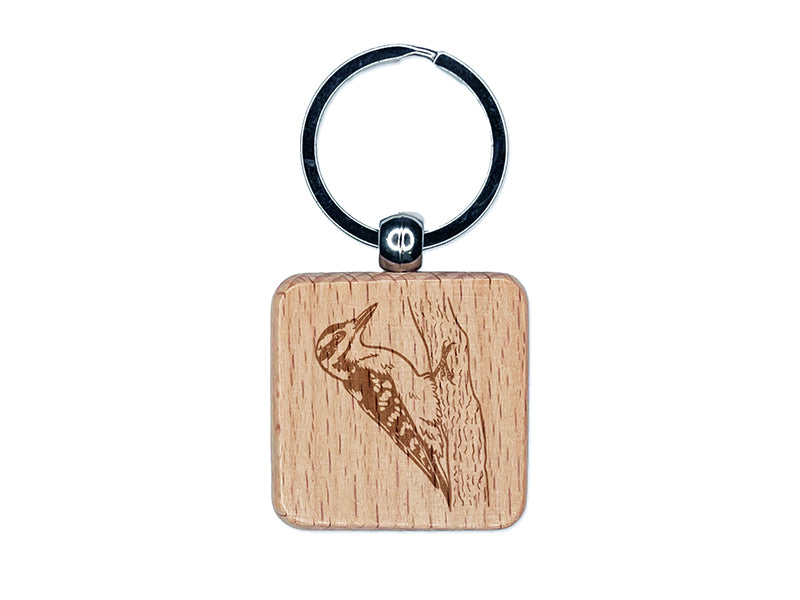 Hairy Woodpecker Bird on Tree Engraved Wood Square Keychain Tag Charm