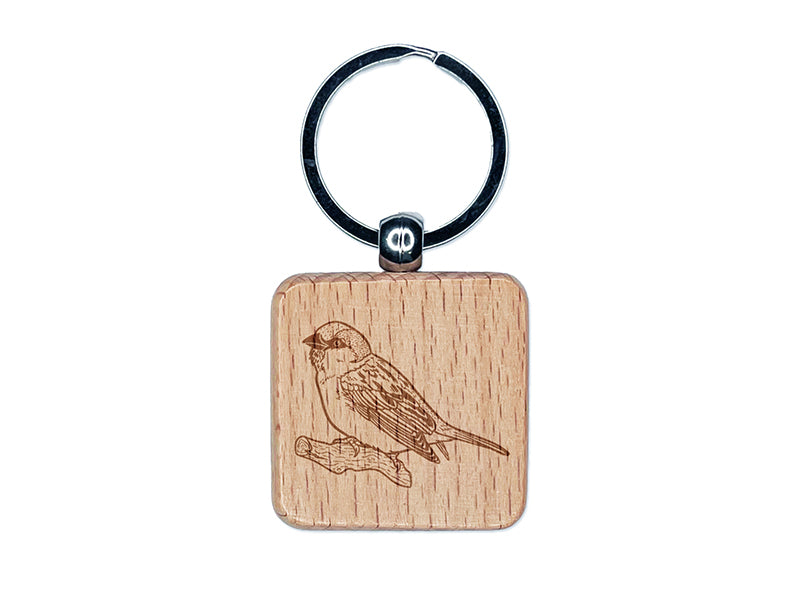 House Sparrow Bird on Branch Engraved Wood Square Keychain Tag Charm