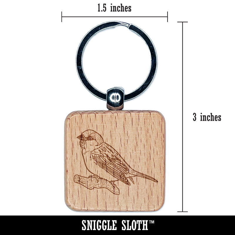 House Sparrow Bird on Branch Engraved Wood Square Keychain Tag Charm