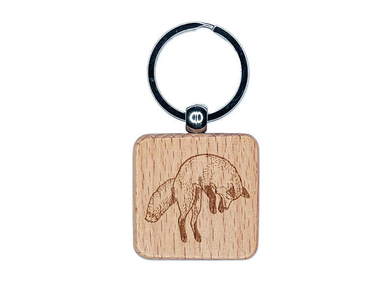Jumping Leaping Fox Engraved Wood Square Keychain Tag Charm