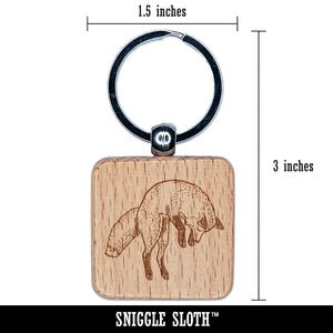 Jumping Leaping Fox Engraved Wood Square Keychain Tag Charm