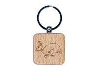 Jumping Running Rabbit Engraved Wood Square Keychain Tag Charm