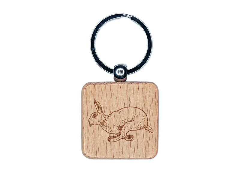 Jumping Running Rabbit Engraved Wood Square Keychain Tag Charm