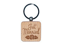 Just Married with Flower Engraved Wood Square Keychain Tag Charm