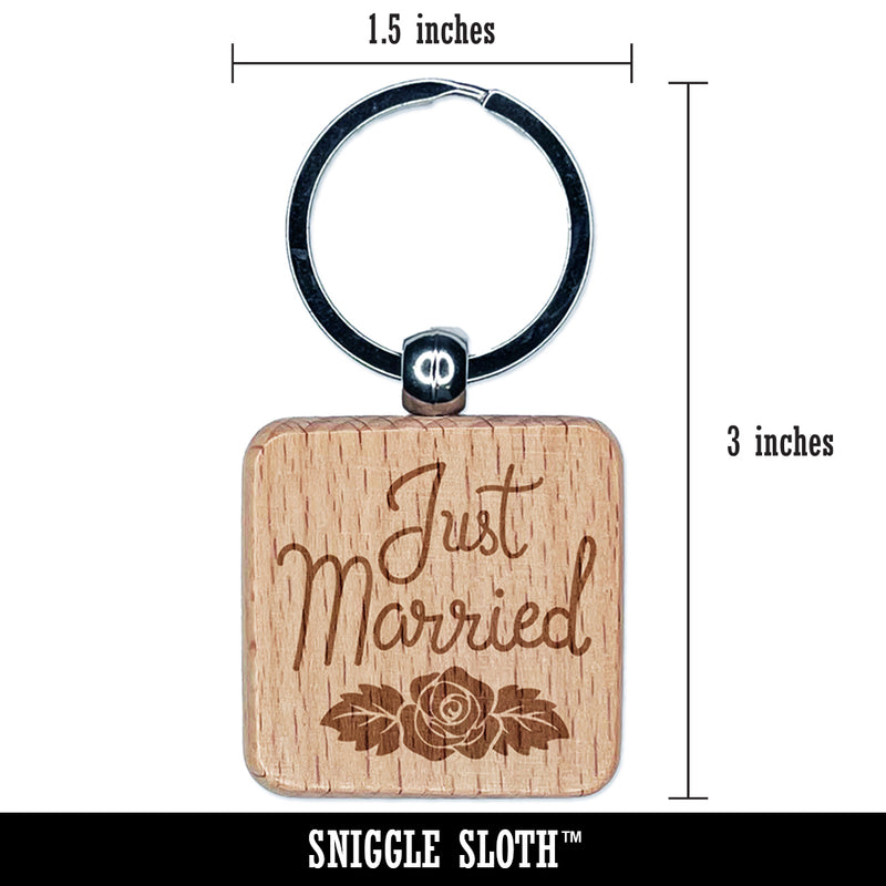 Just Married with Flower Engraved Wood Square Keychain Tag Charm