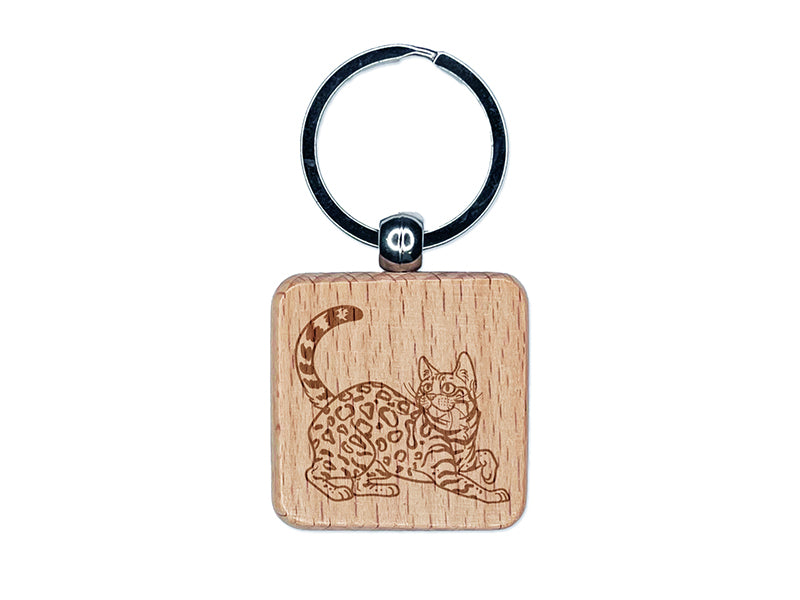 Loveable Bengal Cat Engraved Wood Square Keychain Tag Charm