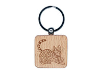 Loveable Bengal Cat Engraved Wood Square Keychain Tag Charm