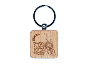 Loveable Bengal Cat Engraved Wood Square Keychain Tag Charm