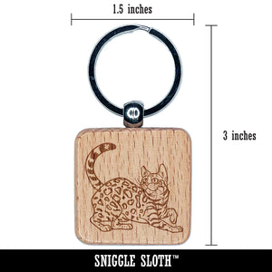 Loveable Bengal Cat Engraved Wood Square Keychain Tag Charm