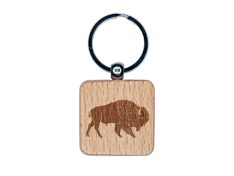 Majestic American Bison Buffalo Engraved Wood Square Keychain Tag Charm