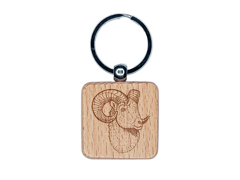 Majestic Bighorn Sheep Head Engraved Wood Square Keychain Tag Charm